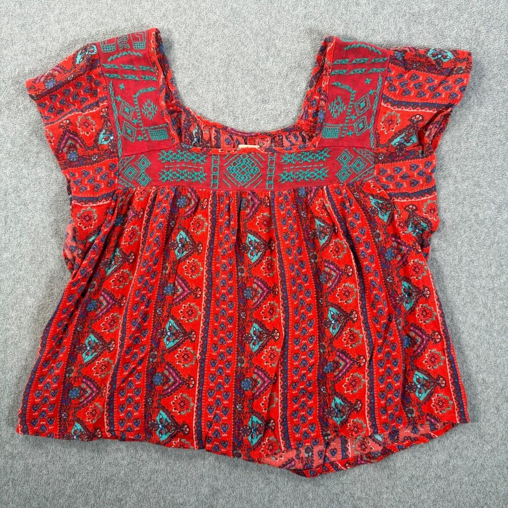 Hollister Red Embroidered Crop Top Women's Small Flutter Sleeve Square Neck Boho